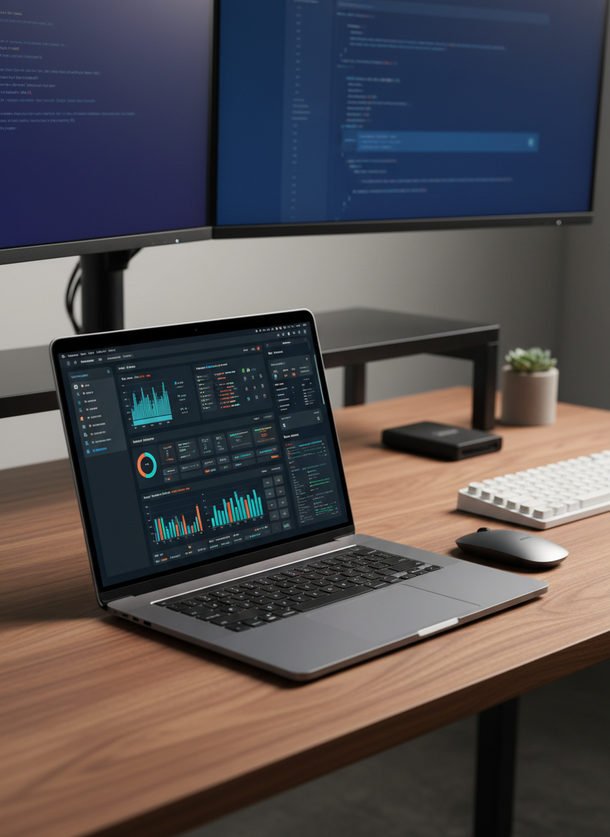 A sleek modern laptop with a brushed aluminum finish, slim bezels, and a vivid 16-inch display showing a detailed tech benchmark dashboard, placed on a clean walnut desk beside a wireless mouse and compact mechanical keyboard. In the background, a dual-monitor setup and a small, real external SSD drive rest on a minimalist monitor stand. Soft studio lighting from the left creates crisp reflections along the laptop’s edges and subtle shadows on the desk, emphasizing craftsmanship and materials. Shot at eye level with a slight three-quarter angle, shallow depth of field blurs the background just enough to feel real and professional. The mood is analytical and trustworthy, with photographic realism and a clean, modern aesthetic suitable for an honest tech review site.