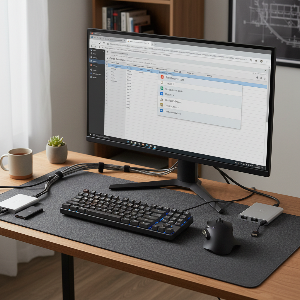 A detailed, photographic shot of a real productivity setup focused on a 27-inch 4K monitor displaying a complex spreadsheet and browser with multiple review tabs open. A genuine, full-size ergonomic keyboard and vertical mouse sit on a felt desk mat, next to a compact USB-C dock connected to an external SSD and SD card reader. Cables are neatly routed, showing realistic use without clutter. Soft, neutral daylight from a side window casts natural shadows and creates a subtle reflection on the monitor’s edge. Captured from a slightly elevated corner angle with medium depth of field, the composition feels balanced and professional, evoking a serious, trustworthy environment for in-depth tech testing and reviews.