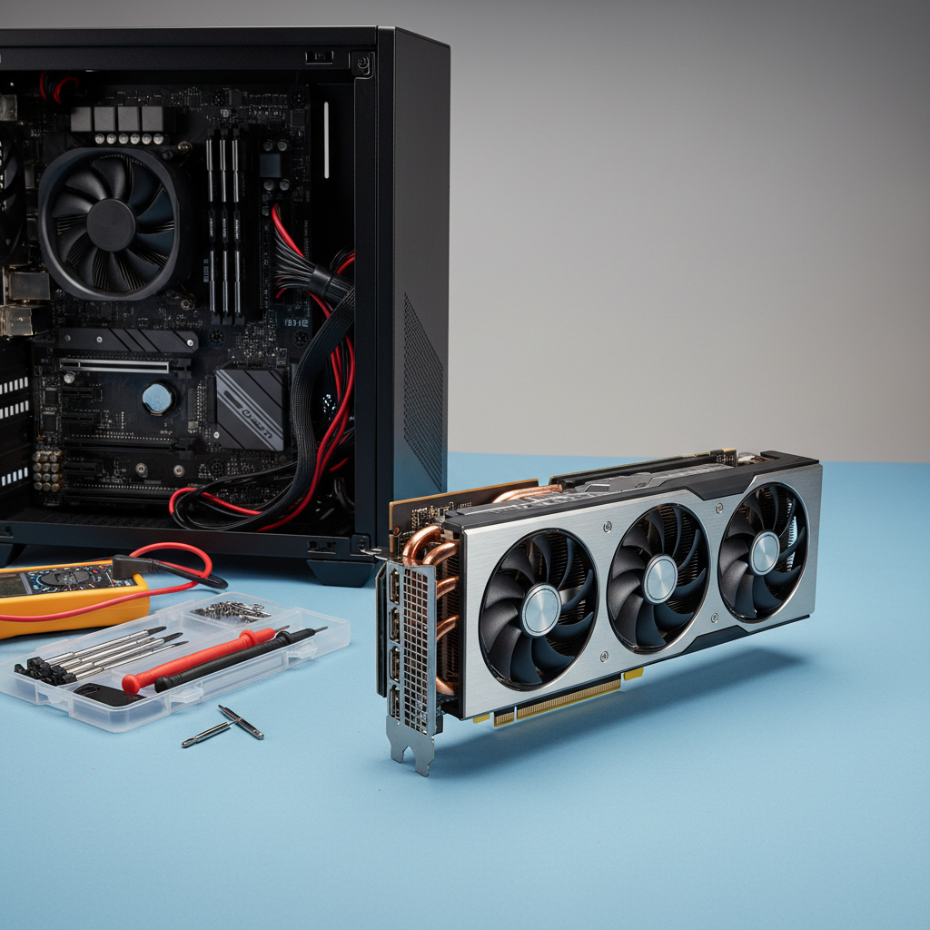 A realistic desktop scene featuring a high-end gaming graphics card resting carefully on an anti-static mat, its metal shroud, exposed heat pipes, and triple-fan design captured in precise detail. Beside it, a real torque screwdriver set and open PC case with visible motherboard and neatly routed cables suggest active testing. Neutral, soft studio lighting from both sides minimizes harsh shadows and reveals true colors of the components. Shot from a slightly elevated three-quarter angle with sharp focus throughout, the composition highlights build quality and engineering. The mood is meticulous and expert, with a clean, photographic style that communicates serious, hands-on hardware evaluation rather than generic marketing imagery.